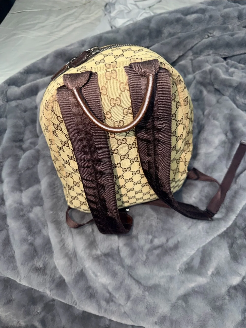 Gucci Beige GG Canvas Backpack with Red & Green Web Stripe